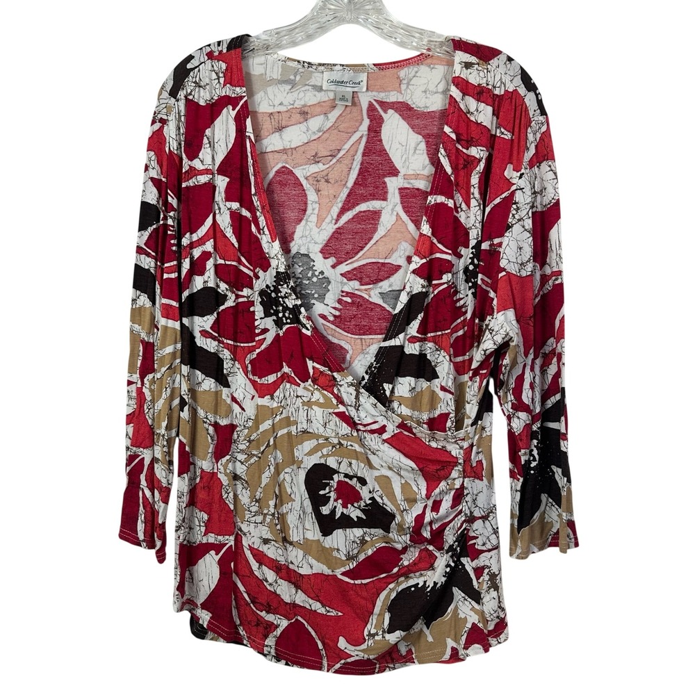 Coldwater Creek Womens XL Red Abstract Floral Faux Wrap Surplice Top Italian